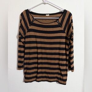 J. Crew black and brown striped zip neckline top, 3/4 sleeves, size XS